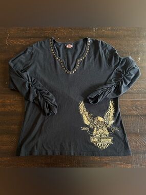 Harley-Davidson Black Top with Gold Eagle Graphic and Studded V-Neck